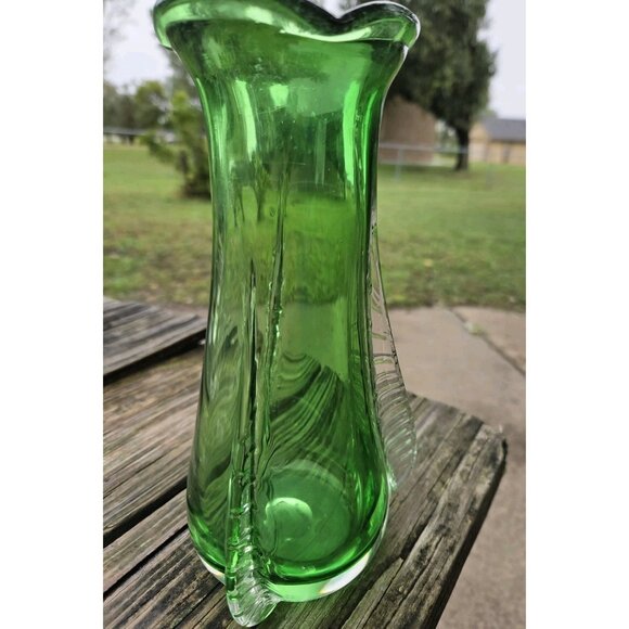 Vintage Handcrafted Green Art Glass Vase 8.5” with Clear Trim Hand Blown - Picture 8 of 14